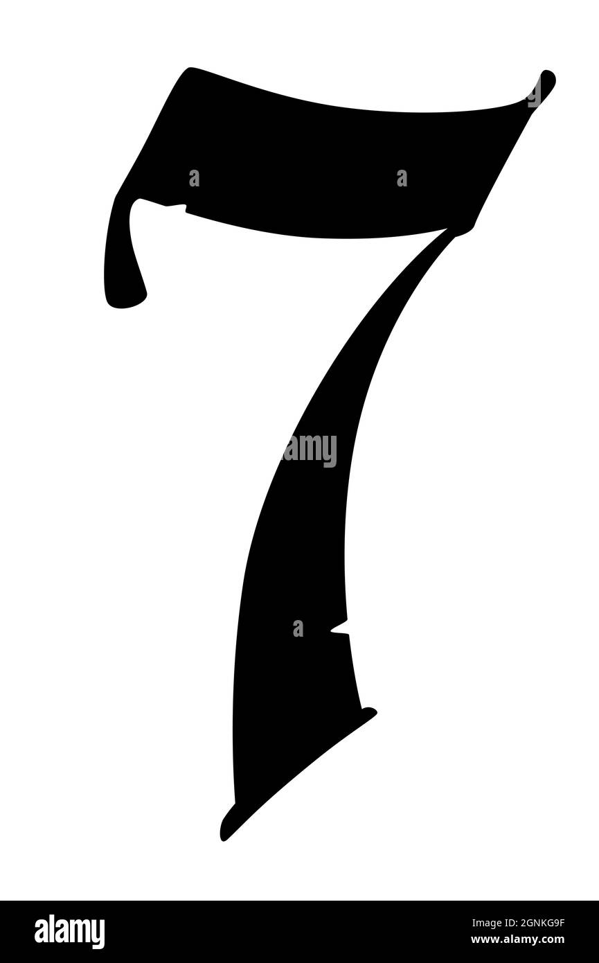 Numero 7 in stile gotico. Vettore. Il simbolo è isolato su uno sfondo bianco. Calligrafia e lettere. Lettera latina medievale. Logo per il com Illustrazione Vettoriale