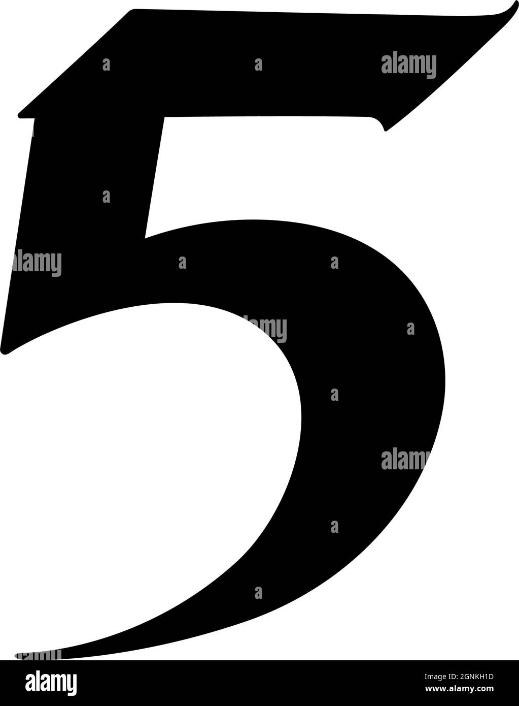 Numero 5 in stile gotico. Vettore. Il simbolo è isolato su uno sfondo bianco. Calligrafia e lettere. Lettera latina medievale. Logo per il com Illustrazione Vettoriale