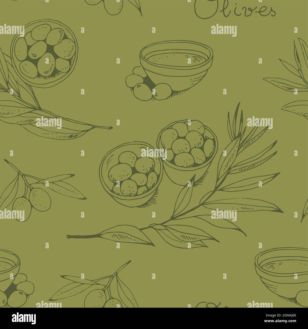 Olive e ramo d'oliva senza cuciture vettore modello, olio d'oliva vintage cibo sfondo Illustrazione Vettoriale