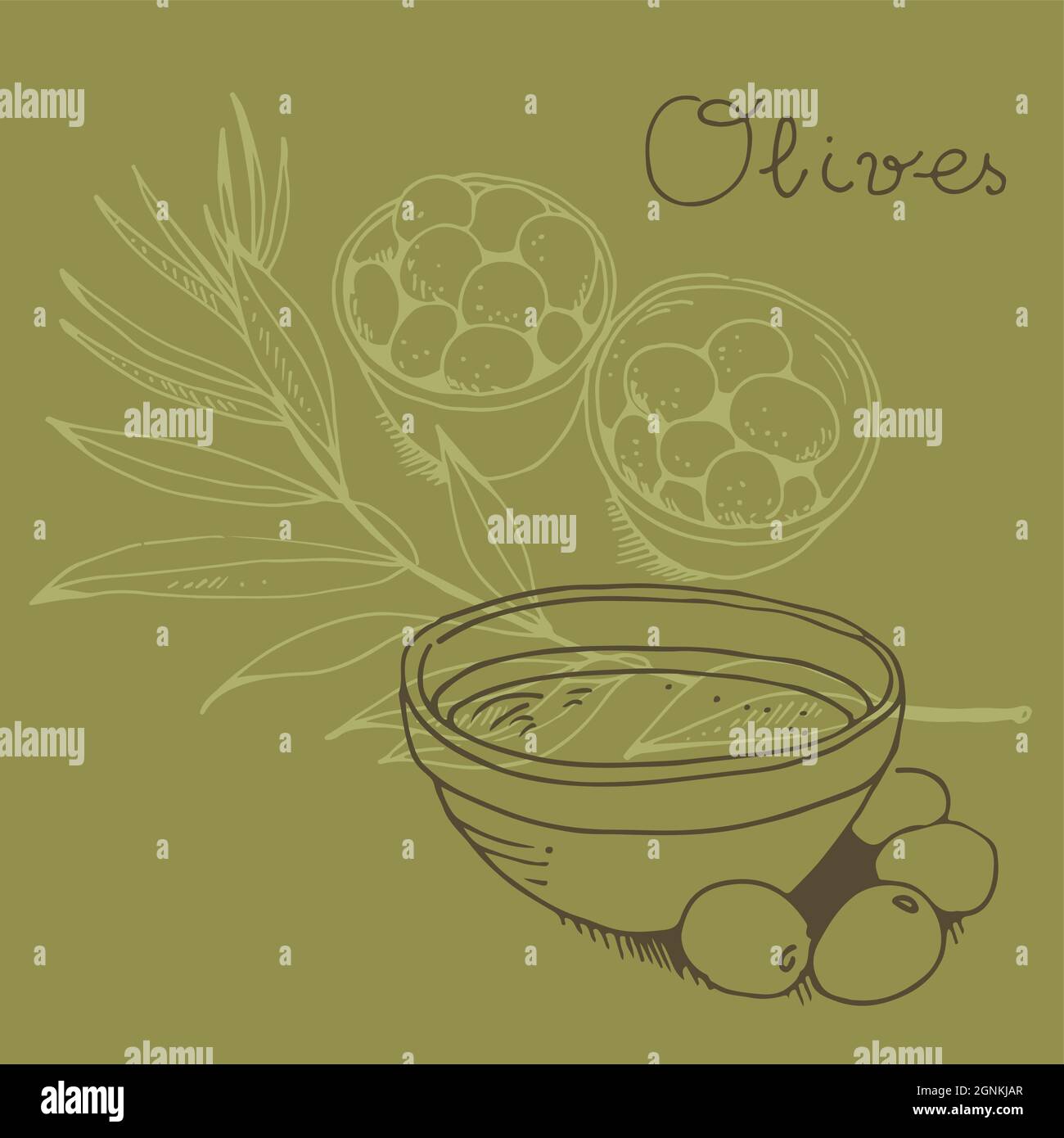 Olive in una ciotola e ramo di oliva isolato su sfondo con testo, illustrazione vettoriale Illustrazione Vettoriale