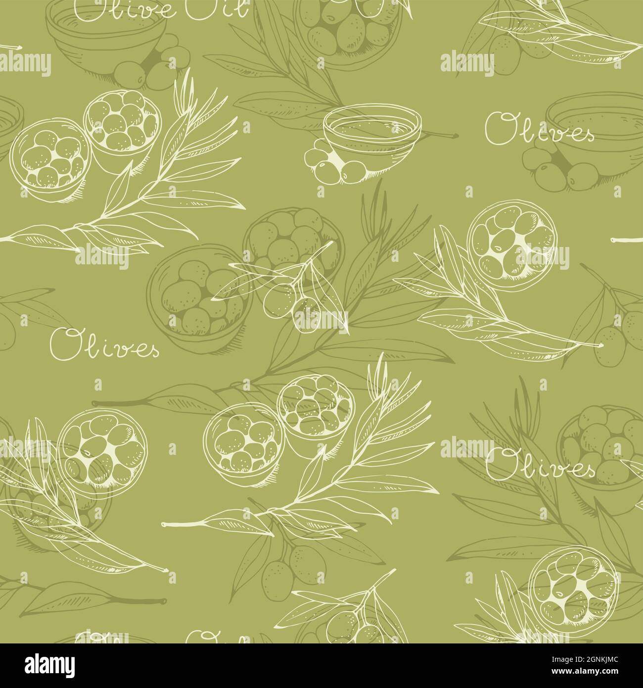 Olive e ramo d'oliva senza cuciture vettore modello, olio d'oliva vintage cibo sfondo Illustrazione Vettoriale