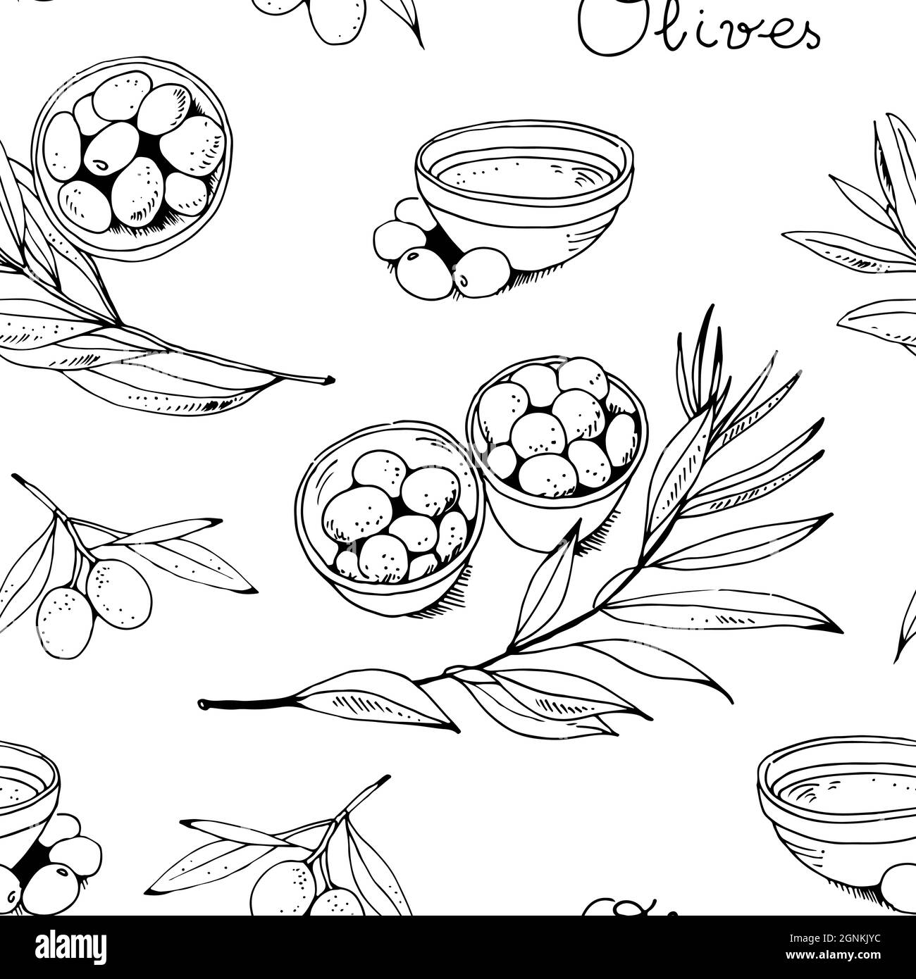 Olive e ramo d'oliva senza cuciture vettore modello, olio d'oliva vintage cibo sfondo Illustrazione Vettoriale