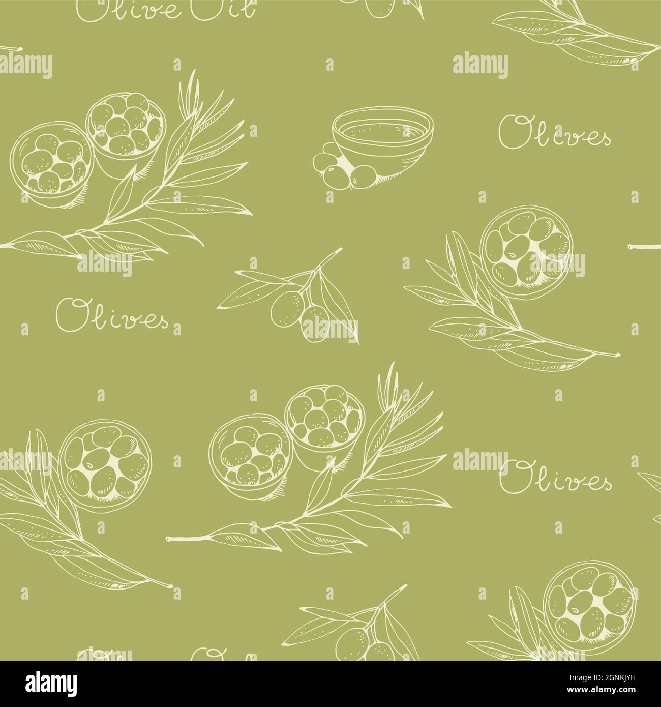 Olive e ramo d'oliva senza cuciture vettore modello, olio d'oliva vintage cibo sfondo Illustrazione Vettoriale