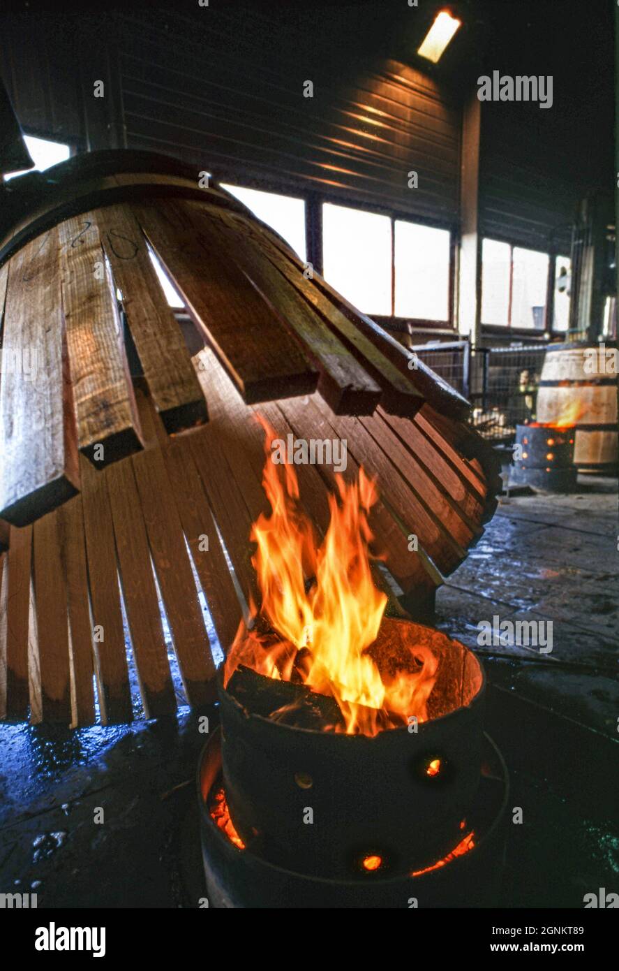 Produzione di botti di vino produzione e produzione di fuochi presso la cooperativa Louis Jadot / Cadus il calore generato dal fuoco consente di piegare le stave in botte inumidite in forma. Ladoix-Serrigny, Côte d'Or, Francia Foto Stock