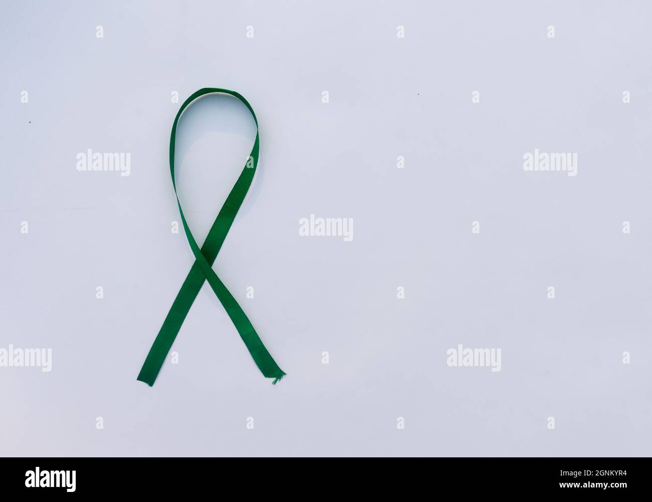Nastro verde su sfondo bianco. Vista piano d'esame. Spazio di copia per il testo. Foto Stock