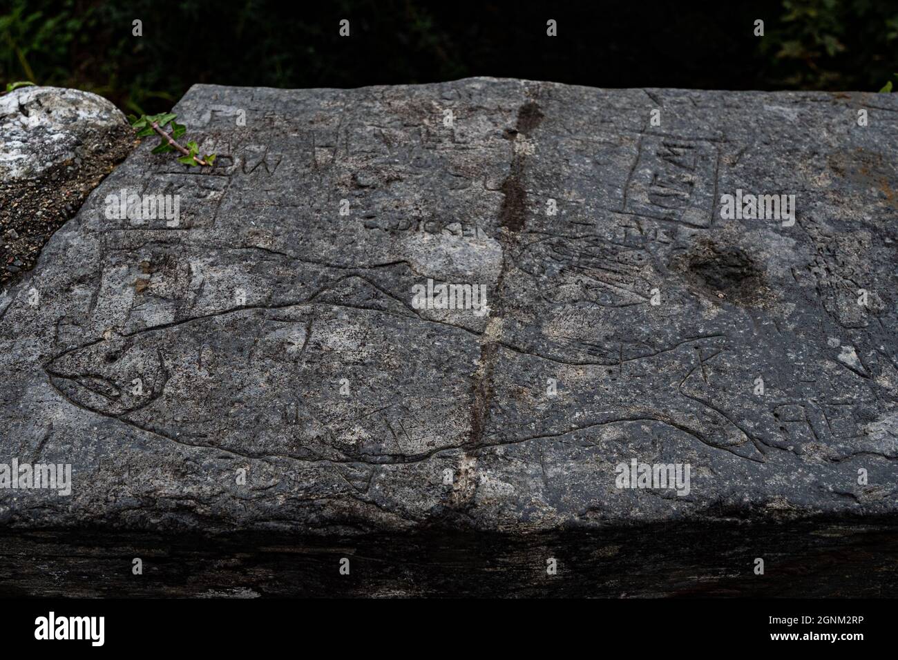 Antica pietra scolpita con intricati disegni celtici e iscrizioni intemperie in Galles Foto Stock