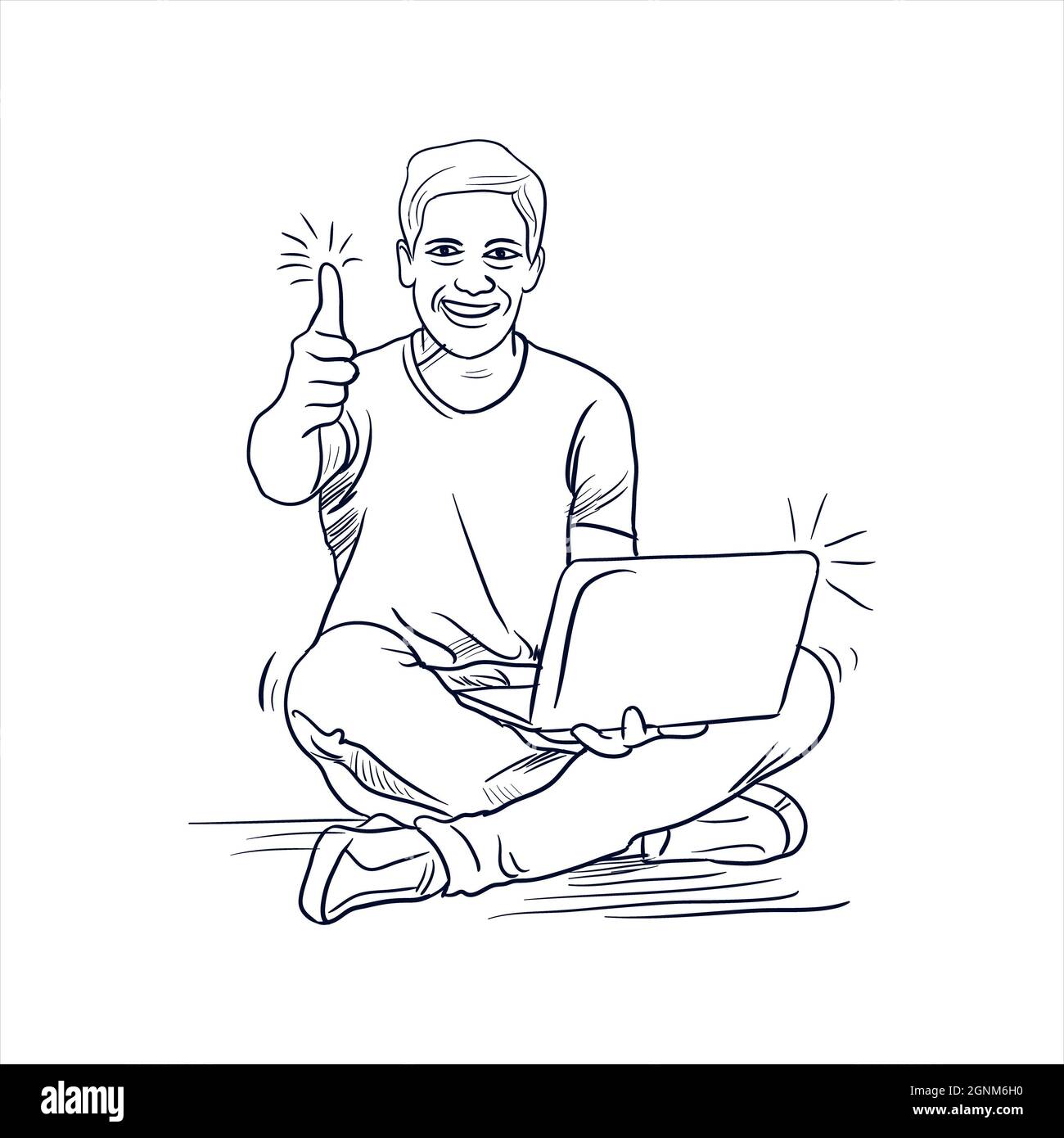 Uomo felice seduto con disegno di linea del laptop illustrazione vettoriale. Pollice in su dopo il lavoro riuscito. Questo ragazzo è molto entusiasta di un notebook. Foto Stock