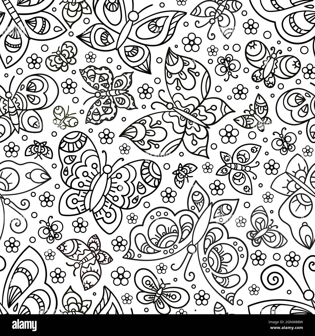 Sfondo senza cuciture con farfalle. Disegno lineare in bianco e nero. Stile Doodle. Vettore Illustrazione Vettoriale