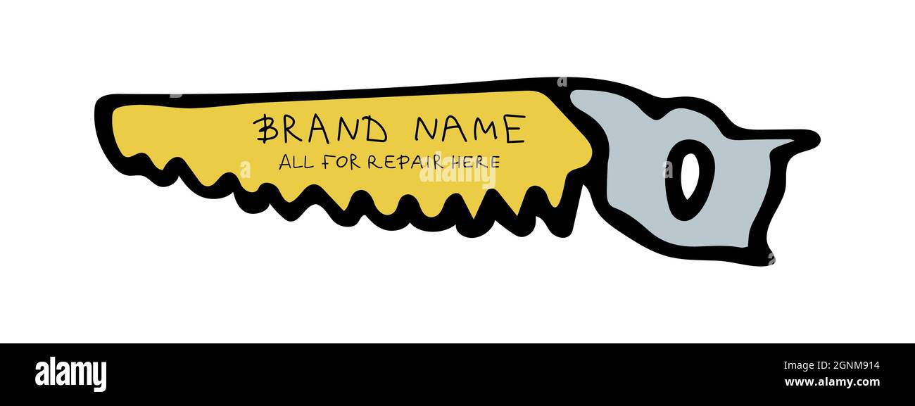 Logo in colori alla moda. Il giallo sega su e giù, con il testo in mezzo. Modello per la pubblicità di un negozio di costruzioni. Illustrazione vettoriale. Giallo Illustrazione Vettoriale