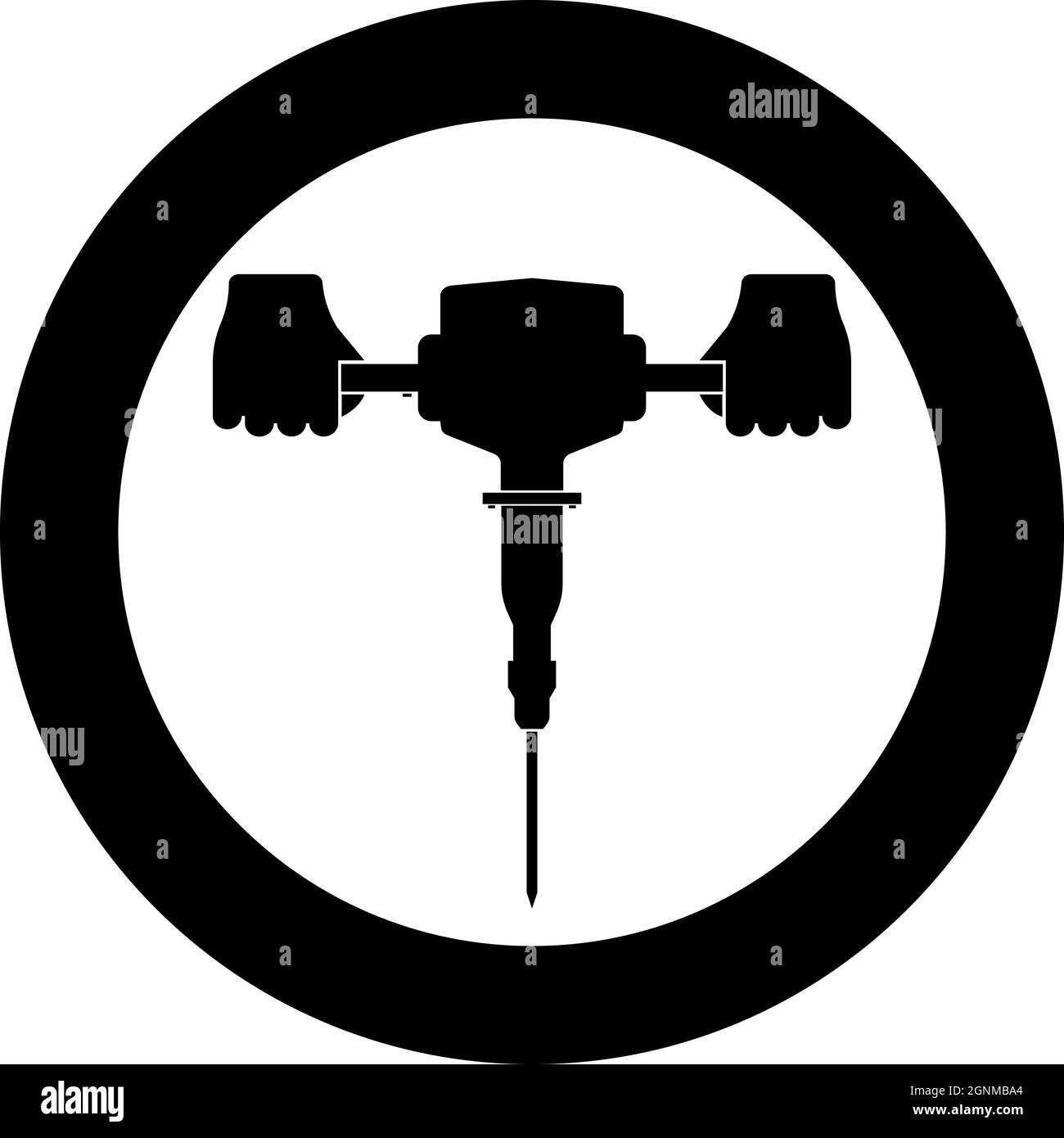 Martello pneumatico in utensile elettrico portatile utilizzare il braccio utilizzando l'icona dello strumento elettrico in cerchio rotondo nero disegno vettoriale colore pieno stile Illustrazione Vettoriale