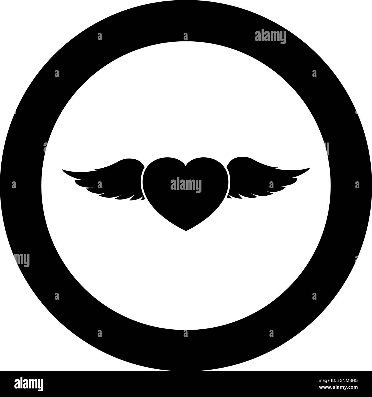 Cuore con angelo ali volare piuma icona in cerchio rotondo colore nero vettore illustrazione solido contorno stile semplice immagine Illustrazione Vettoriale