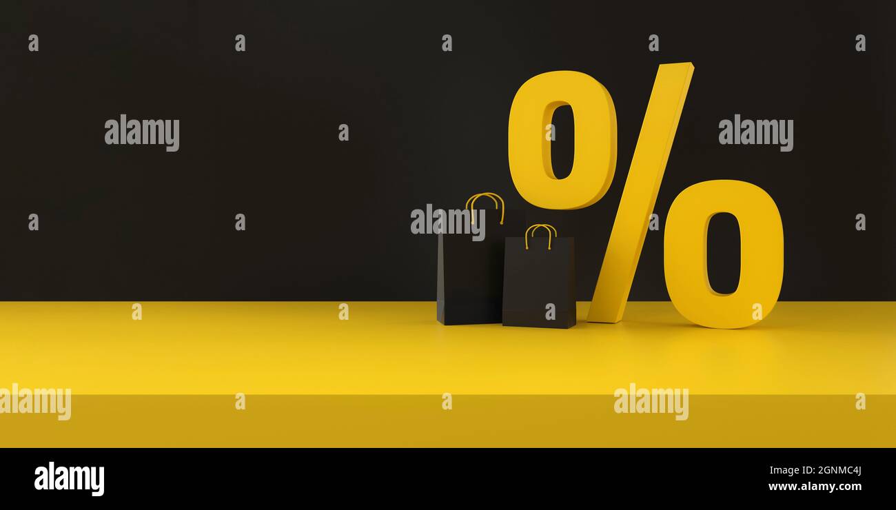 Simbolo di sconto percentuale e borse per lo shopping su sfondo nero e giallo dello studio. Sconti per il Black friday. rendering 3d. Foto Stock