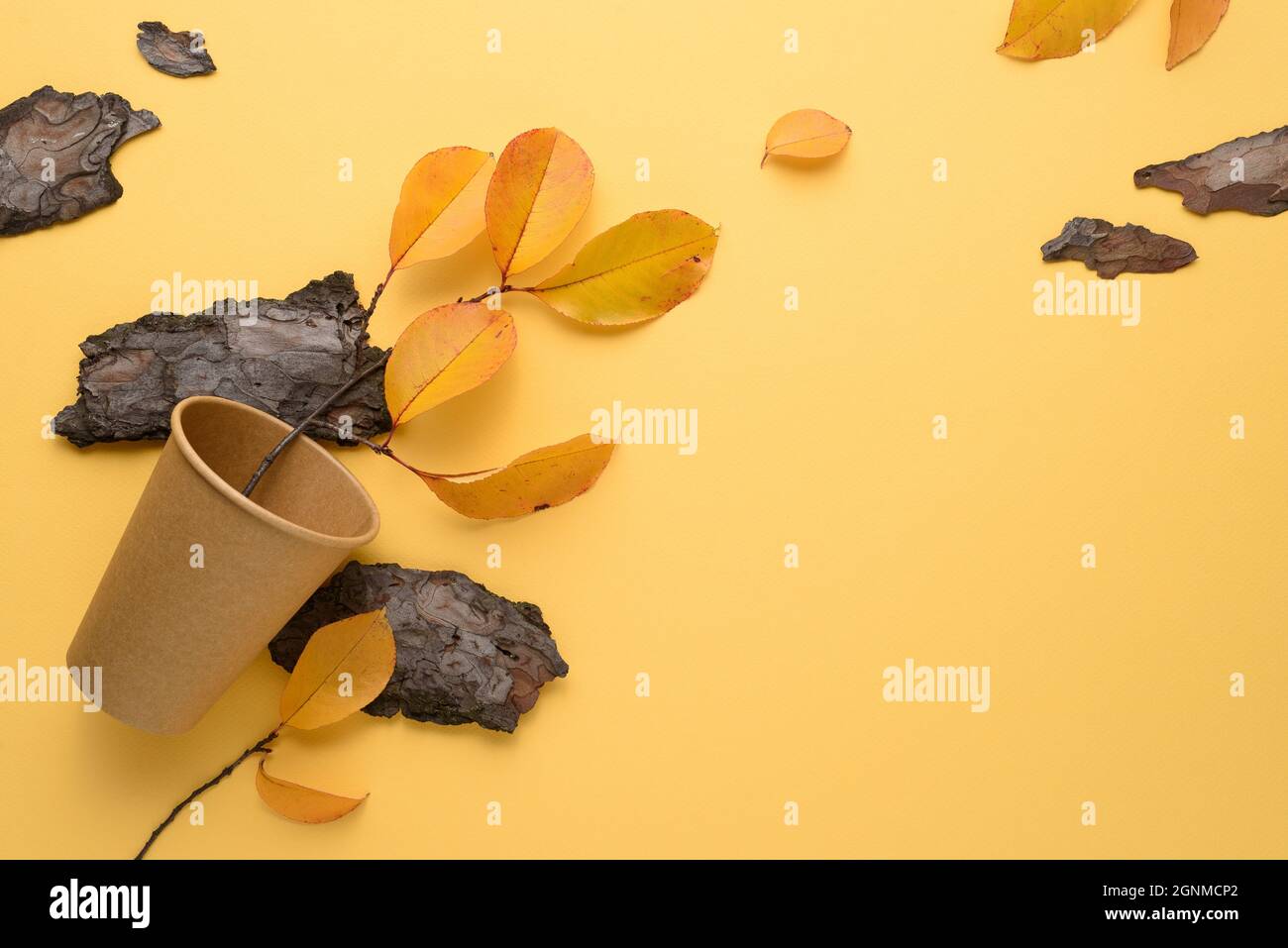 Sfondo giallo autunno con decoro delle foglie caduti e spazio di copia per il testo Foto Stock