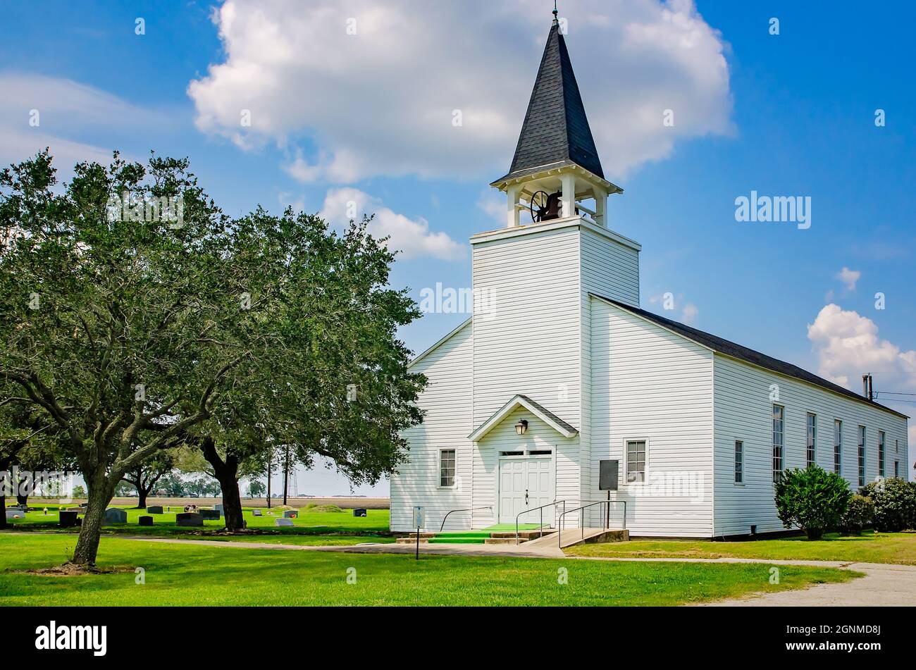 La Chiesa luterana di Danevang è raffigurata, 3 settembre 2017, a Danevang, Texas. La chiesa fu originariamente costruita come una cappella di ogni denominazione a Camp H. Foto Stock