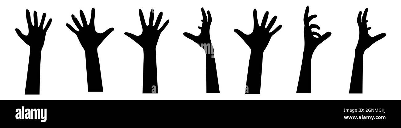 Una serie di mani zombie dal suolo. Collezione di sagome di mani umane da tombe. Set di oggetti bianchi e neri per la notte del Illustrazione Vettoriale