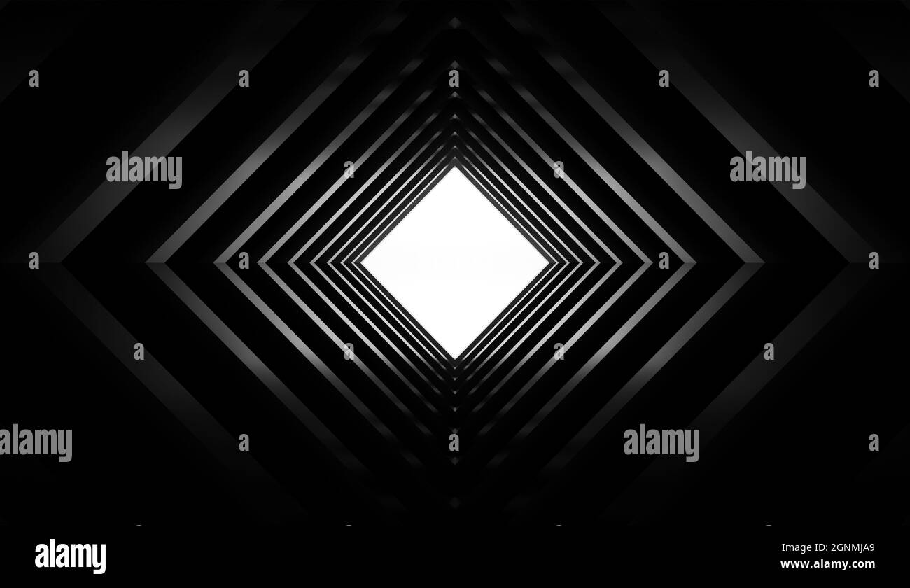 Tunnel quadrato nero lucido astratto con estremità luminosa bianca, sfondo interno vuoto, grafica computerizzata, illustrazione di rendering 3d Foto Stock