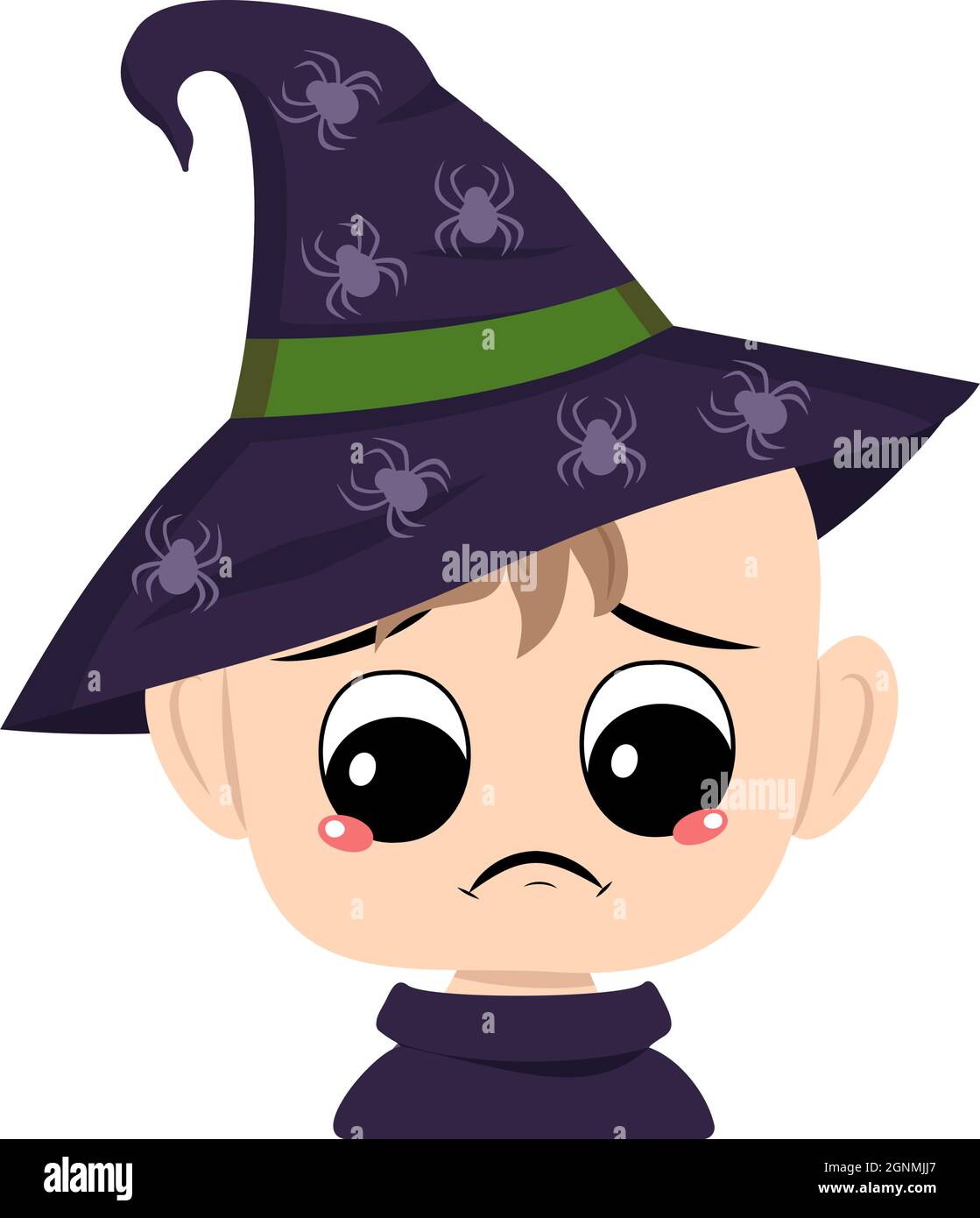 Avatar del bambino con gli occhi grandi e l'emozione depressiva, volto triste in un cappello a strega appuntita con ragno. La testa di un bambino con il viso malinconico. Decorazione di festa di Halloween Illustrazione Vettoriale