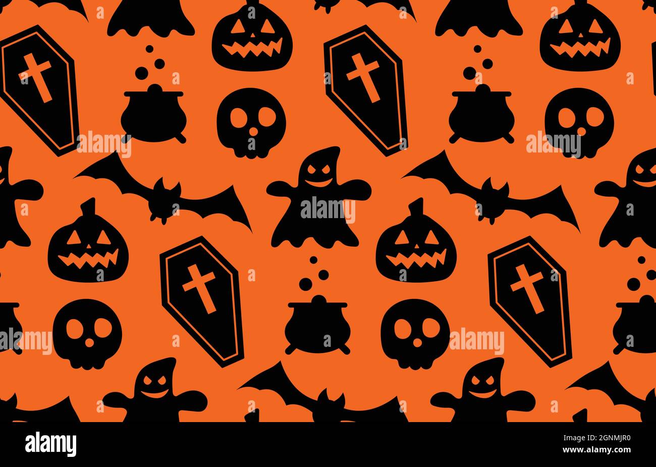 Ripetizione senza giunture con simboli di Halloween. Design di silhouette per la festa di Halloween. Per cartolina, tessuto, banner, modello, confezione Illustrazione Vettoriale