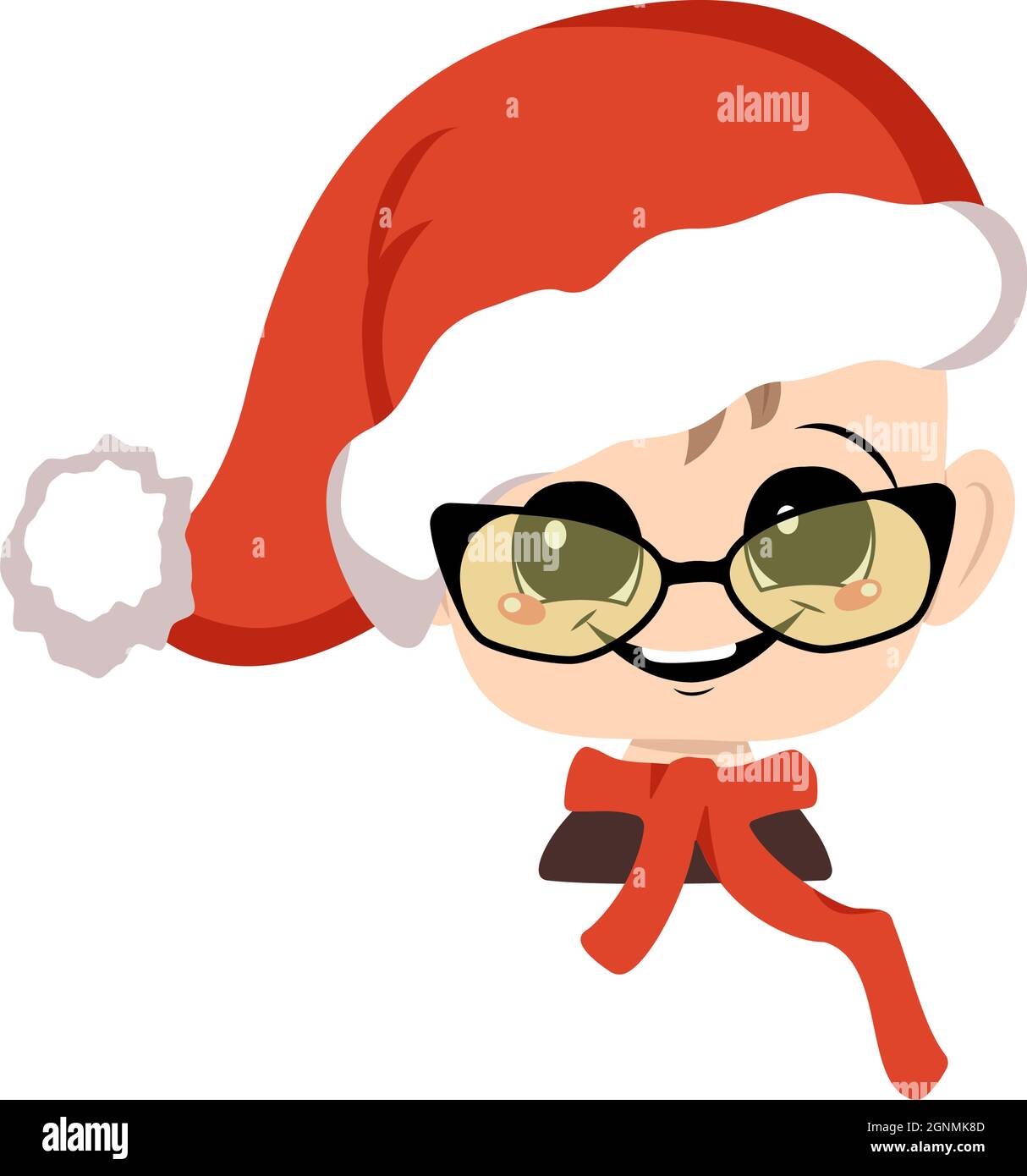 Bambino con occhi grandi e ampio sorriso felice in un cappello rosso di Santa e occhiali. Carino capretto con faccia gioiosa in costume festivo per l'anno nuovo e Natale. Testa di bambino adorabile con gioie emozioni Illustrazione Vettoriale