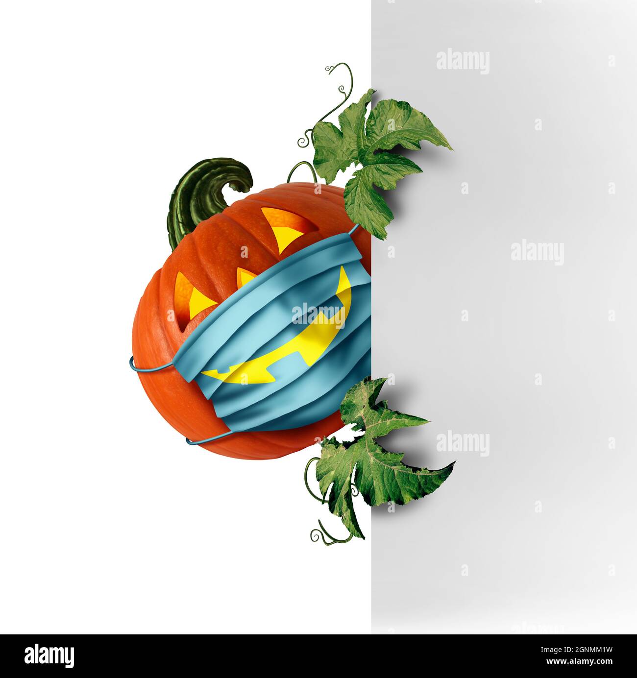 Halloween segno verticale di sicurezza come un jack o lanterna zucca indossare una protezione medica maschera come un simbolo d'autunno per il controllo delle malattie e virus. Foto Stock