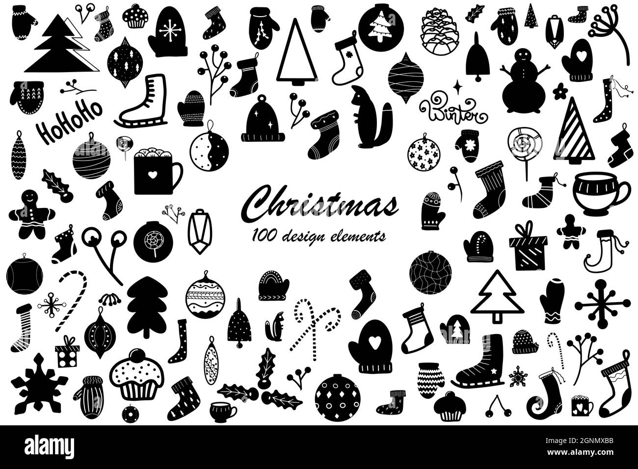 Illustrazione vettoriale del set di elementi di disegno a mano di Natale 100. Winter sketch collection calze agrifoglio visciale pan zenzero pan di canne di caramella pino Illustrazione Vettoriale