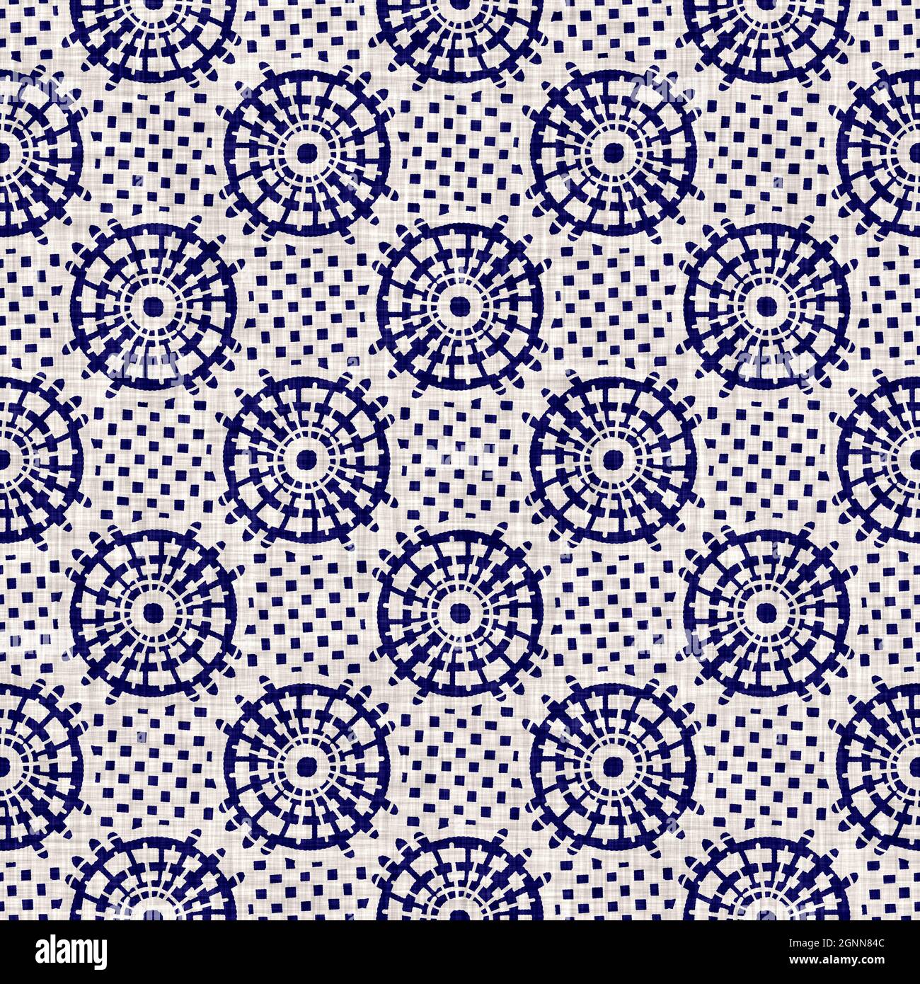 Texture indaco-cerchio senza cuciture. Sfondo blu effetto boro cotone tinto. Giappone ripetizione batik modello di resist. Stampe asiatiche stellato Foto Stock