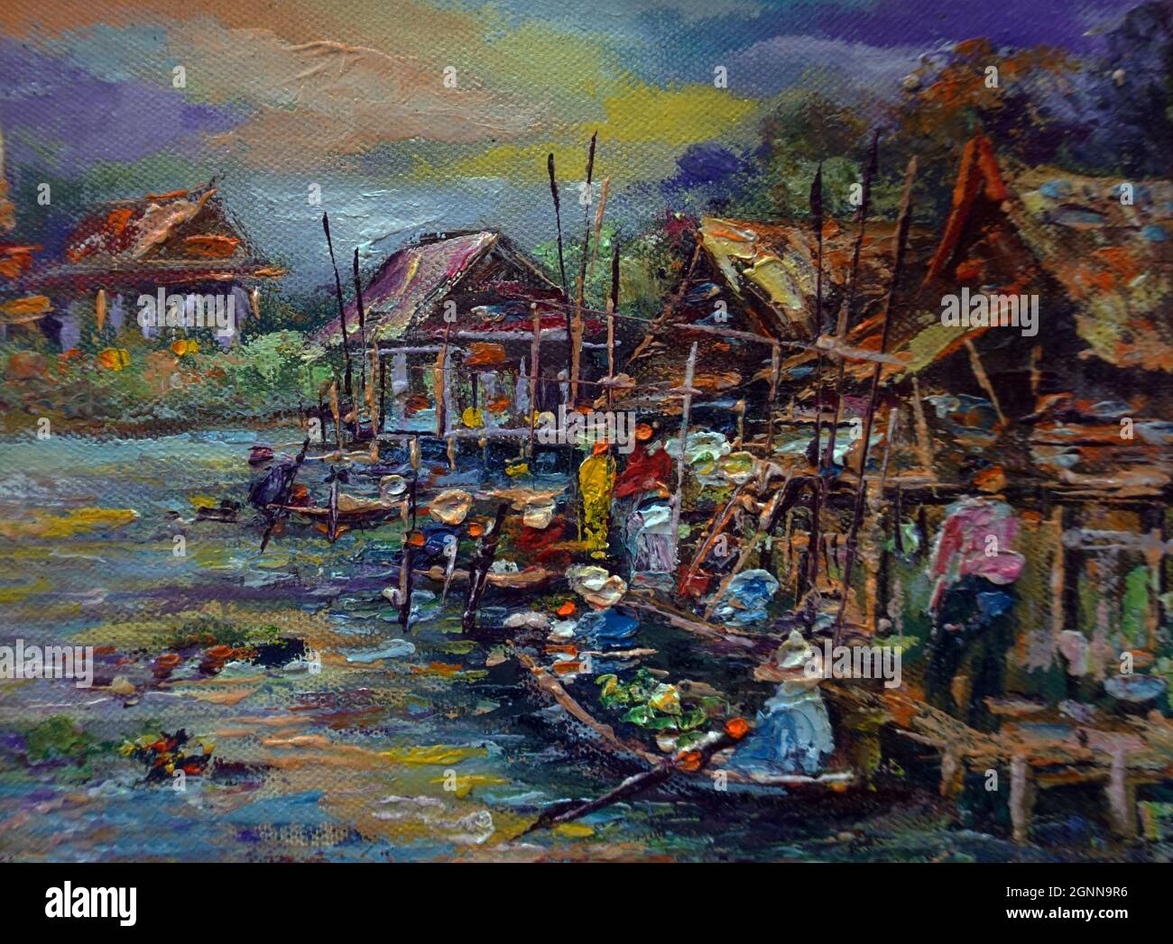 Pittura d'arte colore dell'olio mercato galleggiante Thailandia , campagna , vita rurale , Thailandia rurale Foto Stock