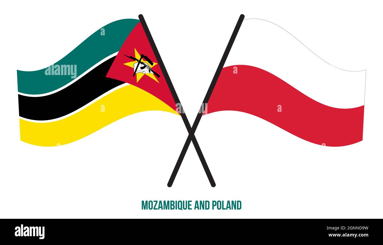 Mozambico e Polonia Bandiere incrociate e ondulate in stile piatto. Proporzione ufficiale. Colori corretti. Illustrazione Vettoriale