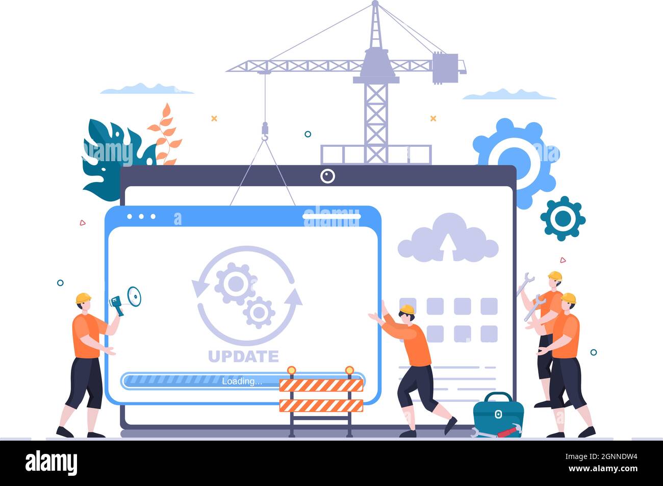 Sistema software in Maintenance Vector Illustration (Illustrazione vettore manutenzione). Errore sito Web, sviluppo e aggiornamento pagine Web su applicazione mobile per modello poster Illustrazione Vettoriale