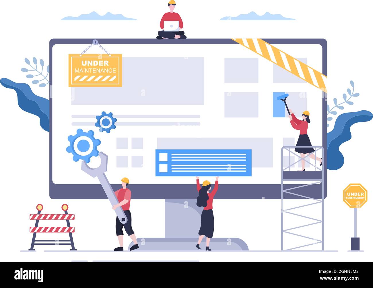 Sistema software in Maintenance Vector Illustration (Illustrazione vettore manutenzione). Errore sito Web, sviluppo e aggiornamento pagine Web su applicazione mobile per modello poster Illustrazione Vettoriale