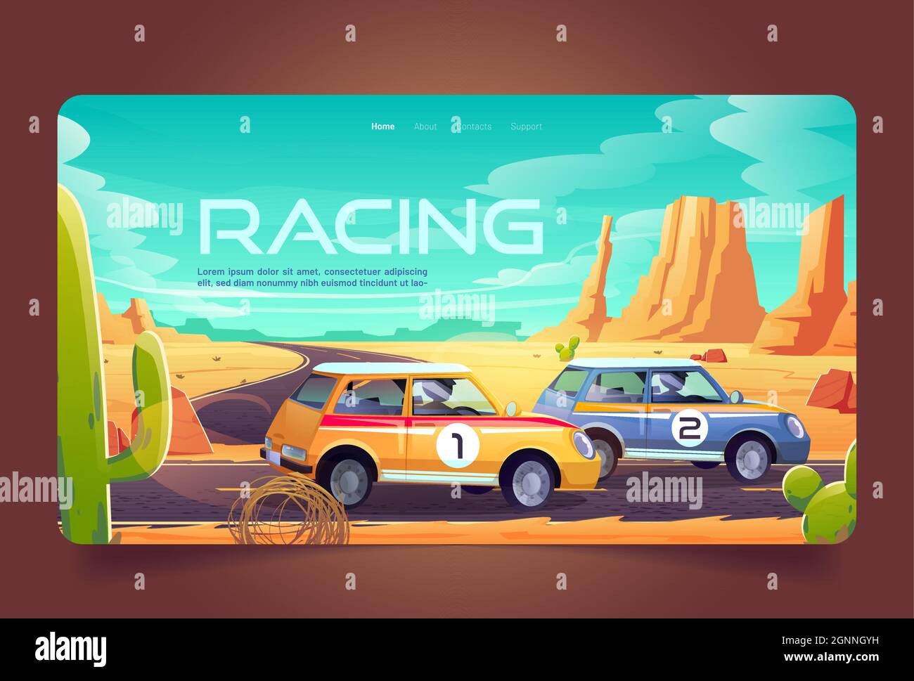 Corse in cartoon deserto landing page, gara auto torneo, auto rally competizione, piloti in auto pista su strada in grande canyon paesaggio. Racetrack sport veicoli avventura Vector web banner Illustrazione Vettoriale