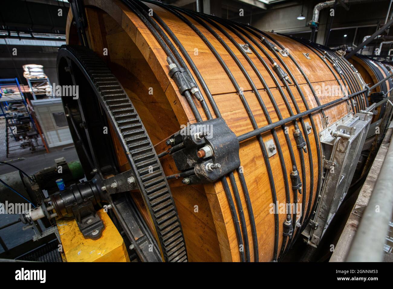 Officina di cuoio. Grandi barili in legno per la concia di cuoio bovino Foto Stock