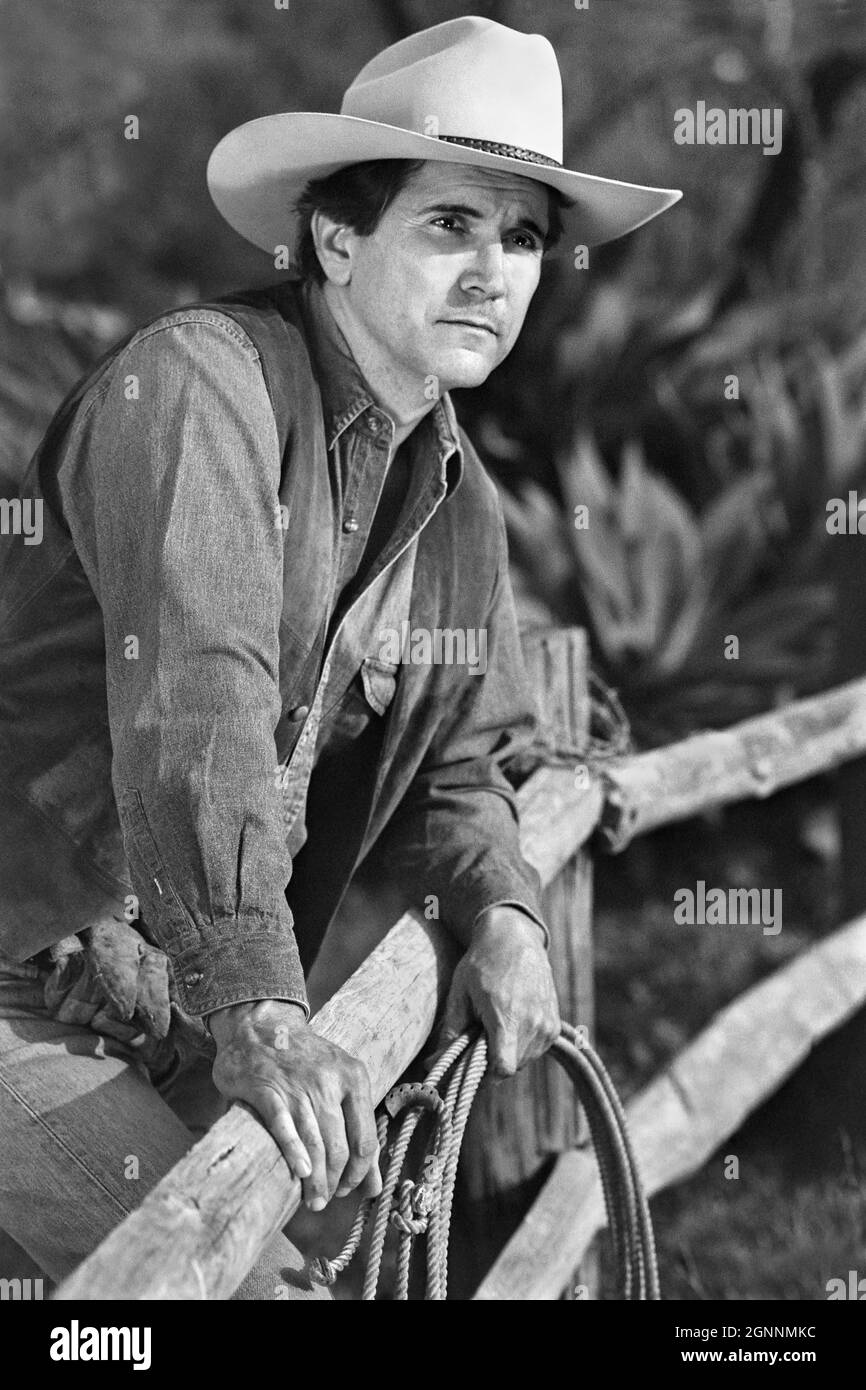 Un cowboy appoggiato su una recinzione con un lariat a Los Angeles, California MR - Model rilasciato Foto Stock