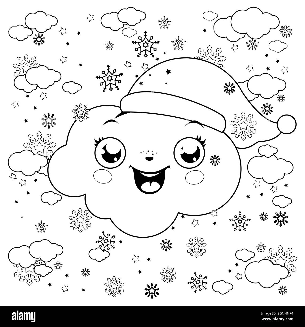 Nuvole di Natale che nevicano al cielo. Pagina da colorare in bianco e nero. Foto Stock