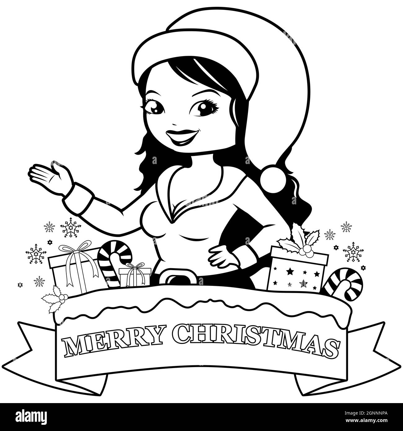 Banner di Natale con donna in costume di Natale. Pagina da colorare in bianco e nero. Foto Stock