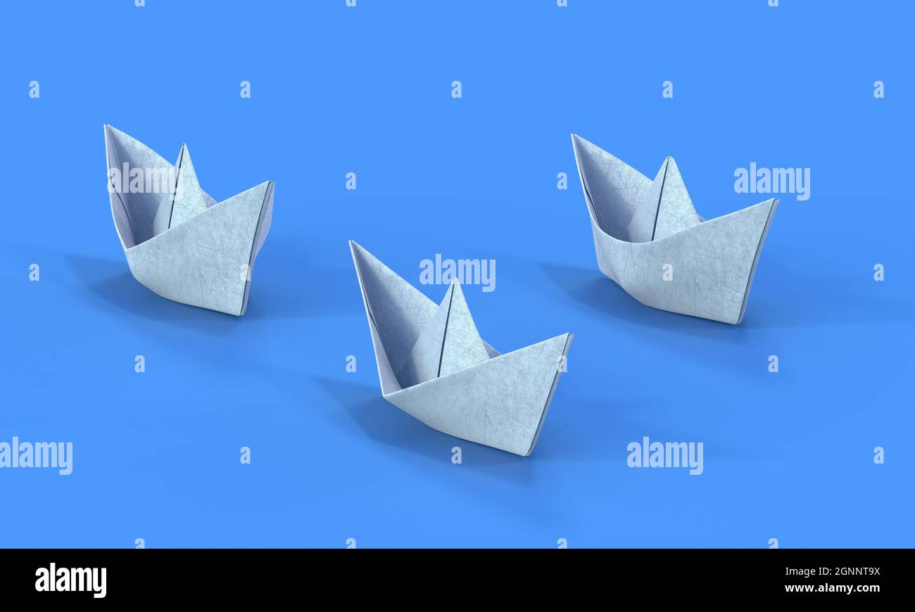 Rendering 3d di tre white paper origami boats.concetto di gestione con sfondo blu isolato Foto Stock