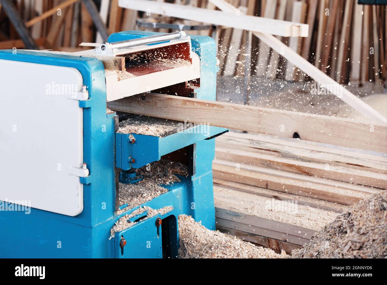 Una lastra di legno che passa attraverso la piallatrice di spessore in un'officina di carpenteria. Foto Stock
