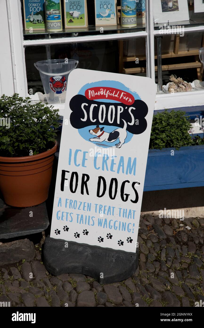 Cartello con la pubblicità gelato per cani fuori dall'ufficio postale di Clovelly e fare acquisti su ripida strada acciottolata nel villaggio antico di Clovelly North Devon UK Foto Stock