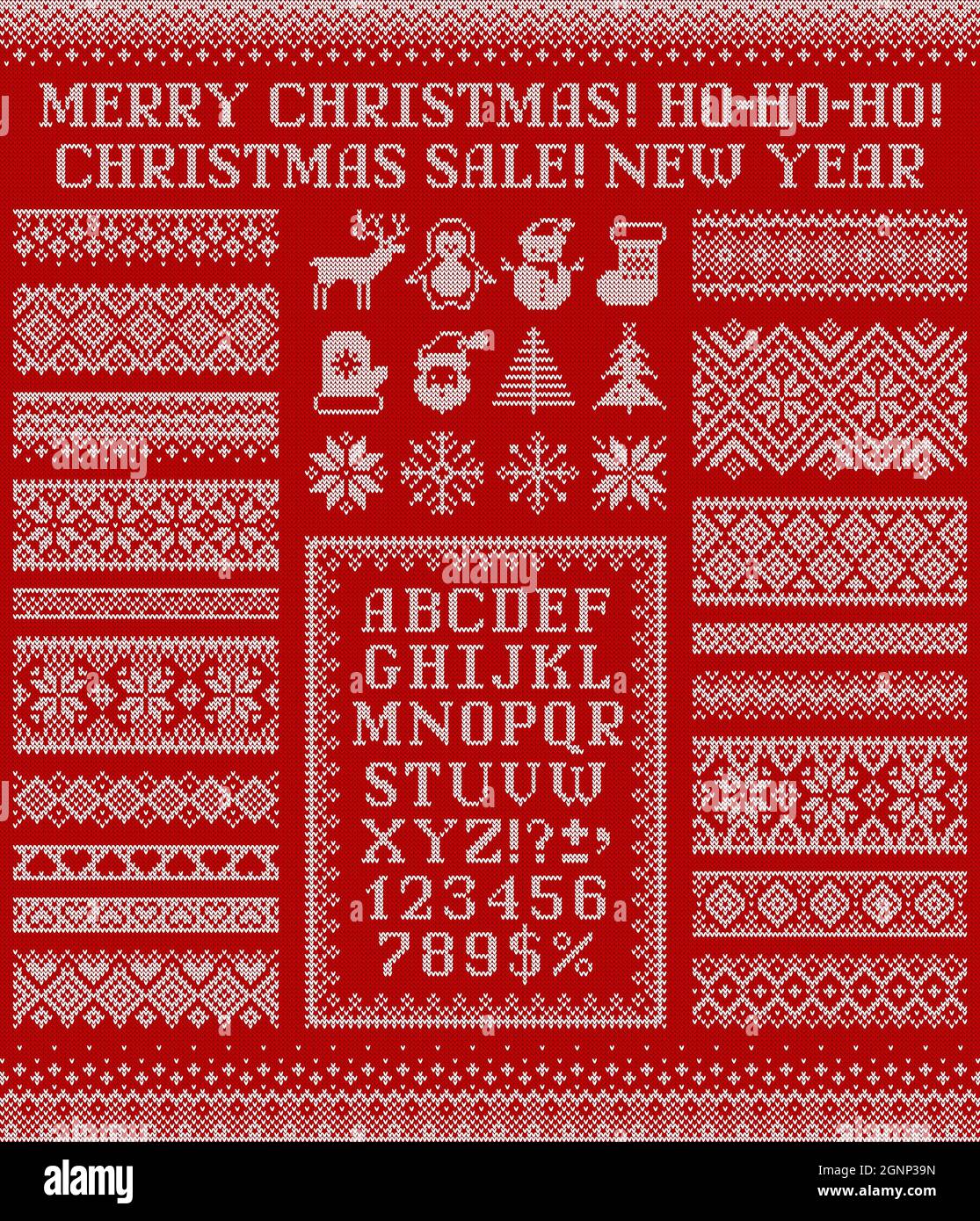 Modelli, elementi, alfabeti e frasi del maglione lavorato a maglia per il design di Natale, Capodanno o inverno. Set vettoriale. Ornamenti scandinavi senza cuciture Illustrazione Vettoriale