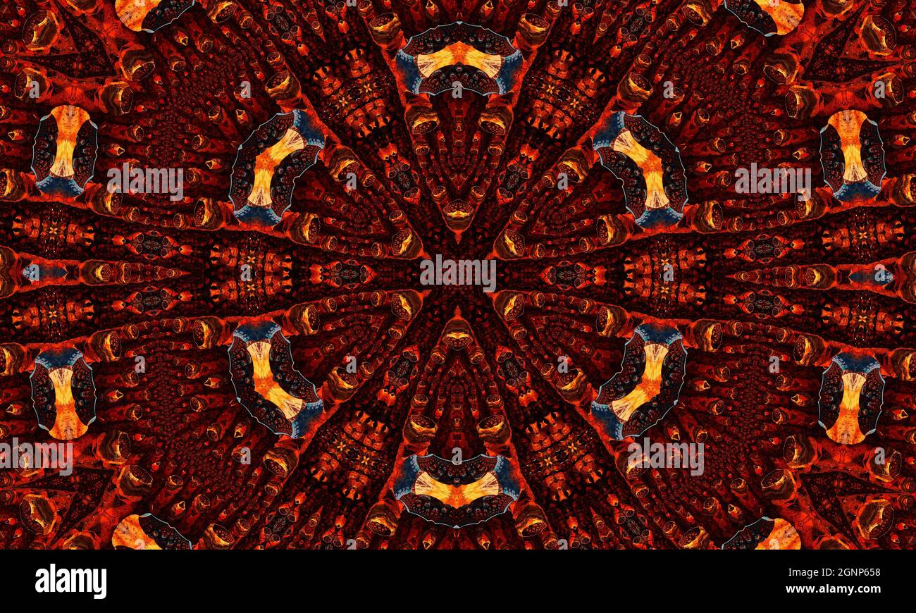 Caleidoscopio allo zenzero. Carta da parati groovy. Zenzero ripetere Batik. Colore geometrico nero. Orrore psichedelico mistico. Rug geometrico bianco. Wa Mystic senza giunture Foto Stock