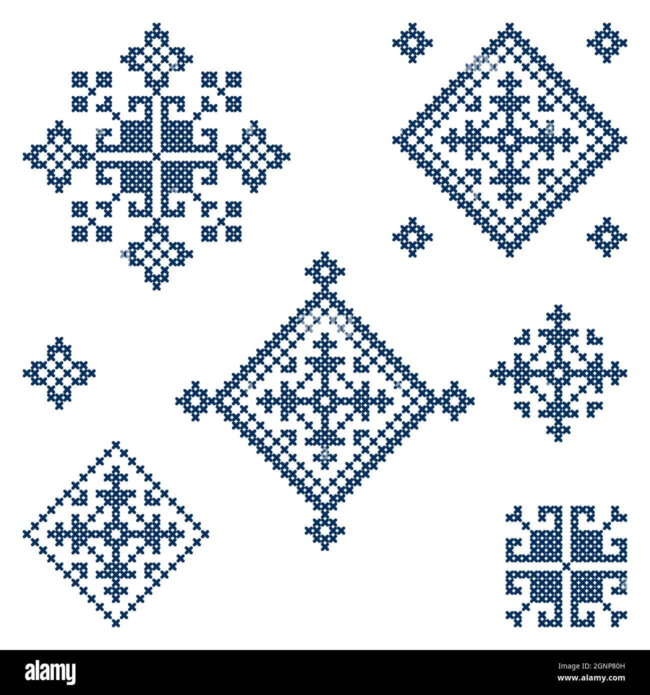 Zmijanje folk arte ricamo stile vettoriale elementi di design set - tradizionale punto a croce di Bosnia ed Erzegovina chiamato Zmijanski vez Illustrazione Vettoriale