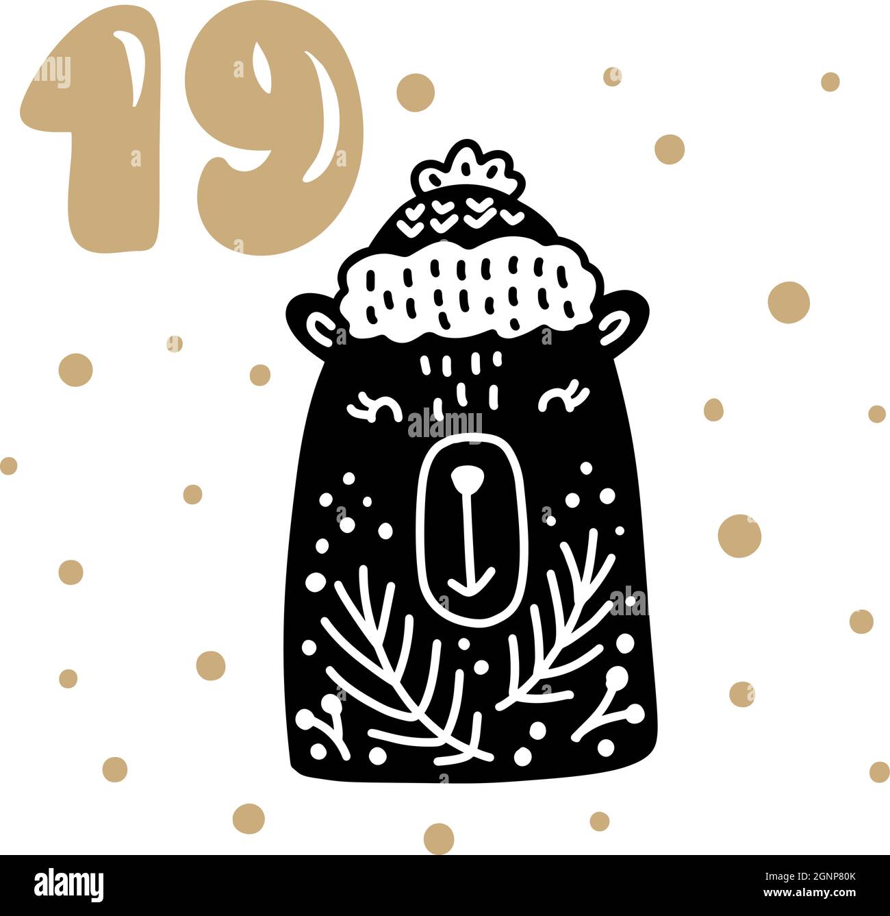 Calendario dell'Avvento di Natale con simpatico vettore disegnato a mano scandinavo. Illustrazione invernale dell'orso nordico con cappello invernale. Ventiquattro giorni prima Illustrazione Vettoriale
