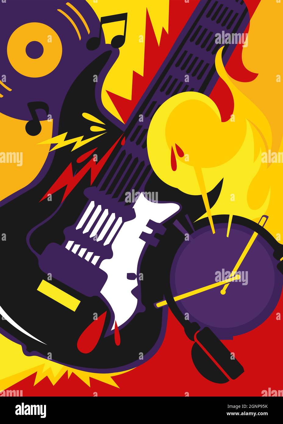 Poster di musica rock con chitarra e batteria. Design della targhetta in stile piatto. Illustrazione Vettoriale