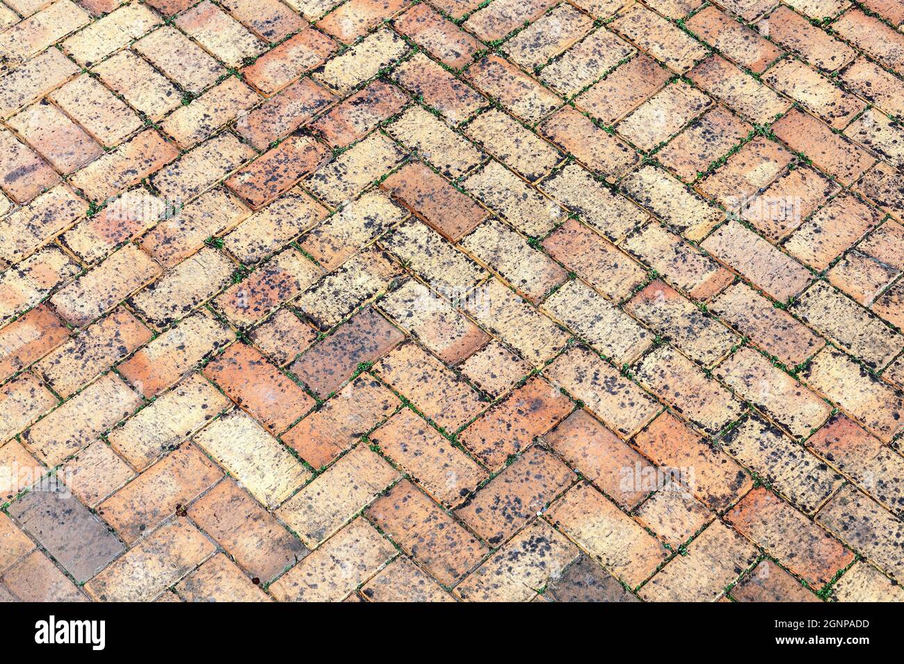 Pietra parete sfondo fuori vecchio tempo rosso mattone marrone stressato con un disegno di pavimentazione di osso di aringa, immagine della foto di scorta Foto Stock