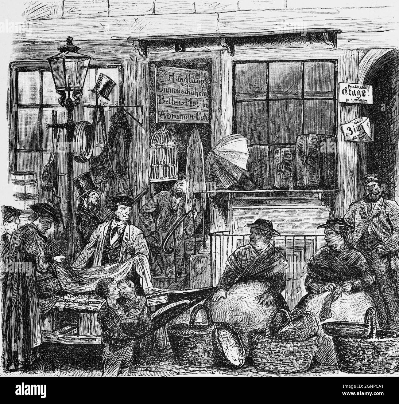 I venditori locali di strada che vendono i loro prodotti a Elbstrasse, Amburgo, Germania settentrionale, illustrazione storica 1880, Foto Stock