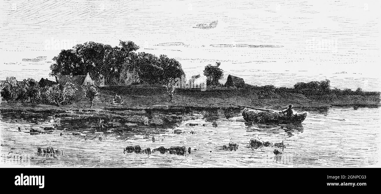 Fiume Elba con diga nelle paludi di Kehdinger Land, bassa Sassonia, Germania settentrionale, illustrazione storica 1880, Foto Stock