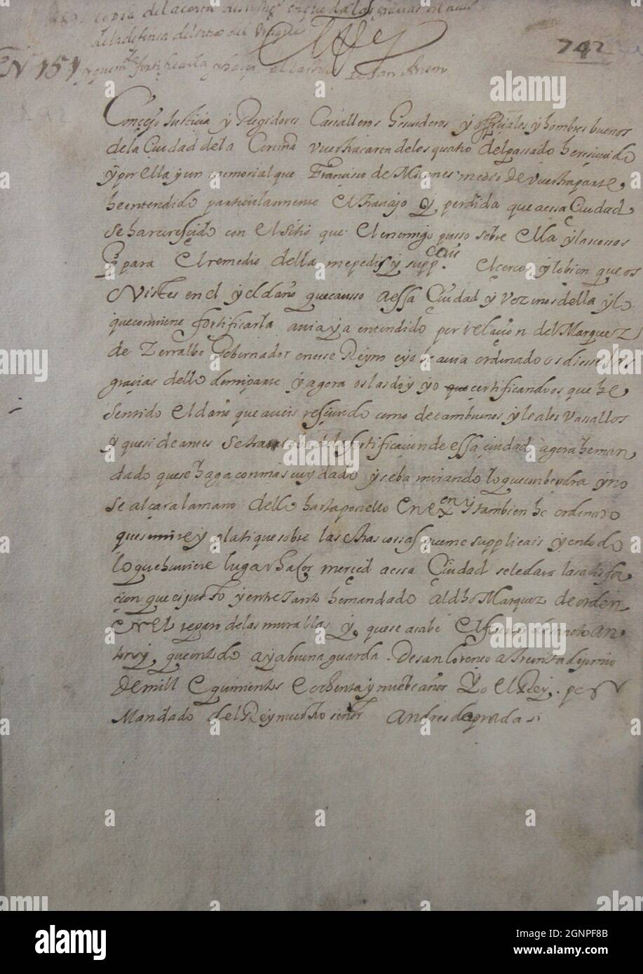 Filippo II (1527-1598). Re di Spagna. Lettera inviata dal re Filippo II al comune di la Coruña ringraziando la città per la sua resistenza all'assedio inglese e impegnandosi ad accelerare i lavori di fortificazione (30 giugno 1589). Archivi comunali Di Un Coruña. Casa museo di María Pita. Corunna, Galizia, Spagna. Foto Stock