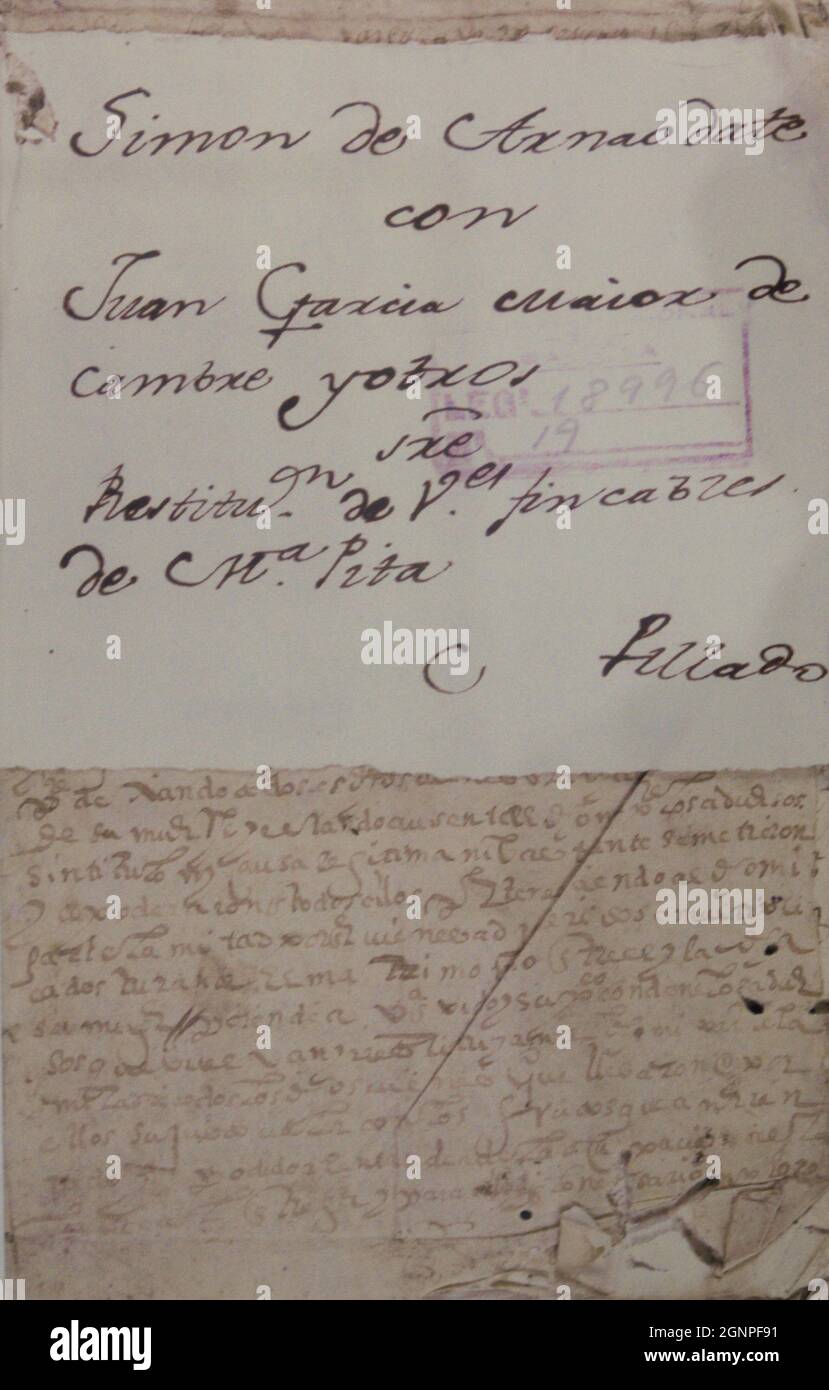 Simón Arnao Data con Juan Caiña, sindaco di Cambre e altri sulla restituzione di proprietà di María Pita, 1586. Dall'Archivio del Regno di Galizia. Casa museo di María Pita. Corunna, Galizia, Spagna. Foto Stock