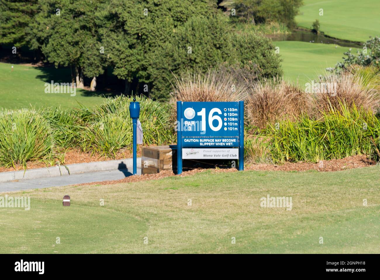 Il 16° T sul lussureggiante verde del campo da golf Mona vale nella regione delle spiagge settentrionali di Sydney nel nuovo Galles del Sud, Australia Foto Stock
