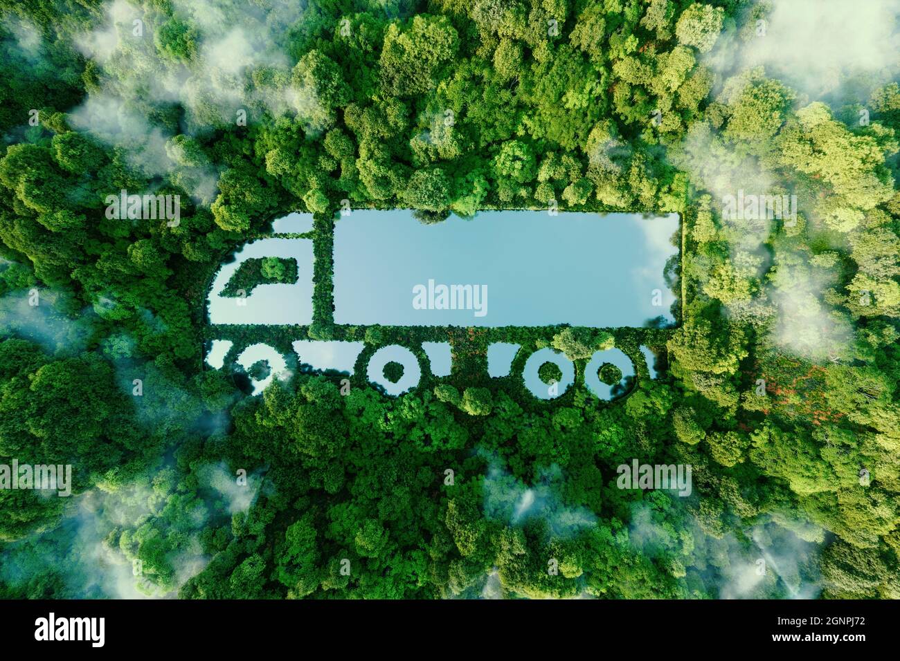 Un lago a forma di camion nel mezzo della natura incontaminata, che illustra il concetto di trasporto pulito e senza serra sotto forma di elettrico, ibrido o h. Foto Stock